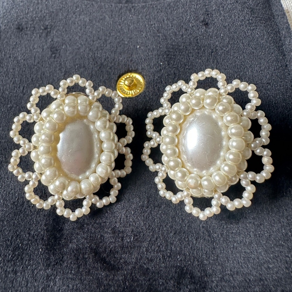 Shrimps Faux Pearl Cluster Clip-On Earrings Silver Tone Oval Scalloped Statement
